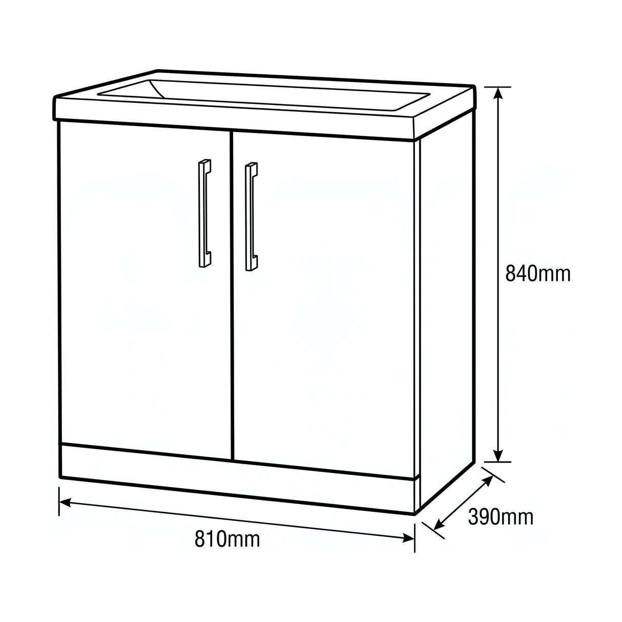 [BALARN2505AH017] Bramshall Floor Standing 2-Door Vanity & Mid-Edge Basin – Choice of Colour and Handle Finish - Technical Drawing