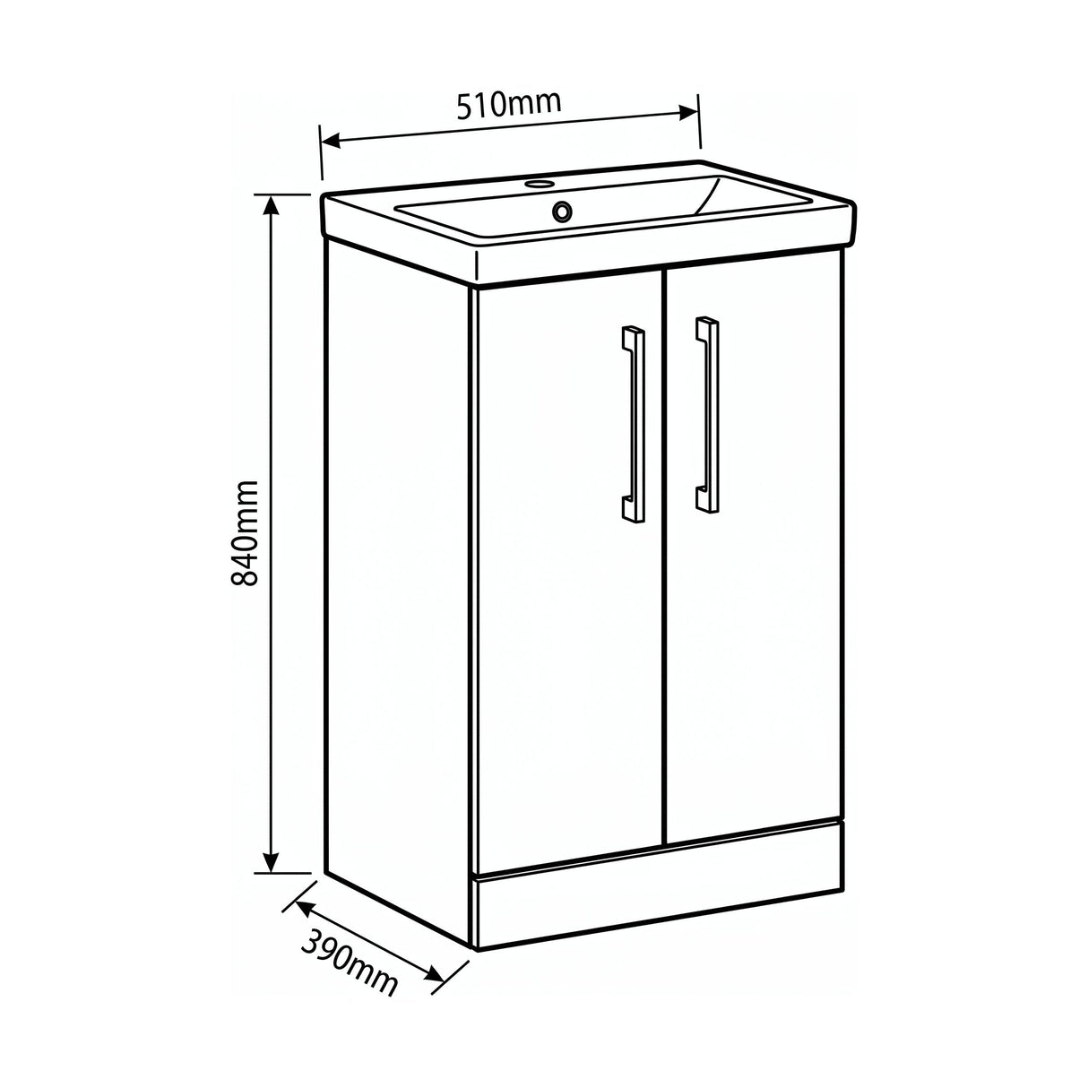 [BALARN2901AH018] Bramshall Floor Standing 2-Door Vanity & Mid-Edge Basin – Choice of Colour and Handle Finish - Technical Drawing