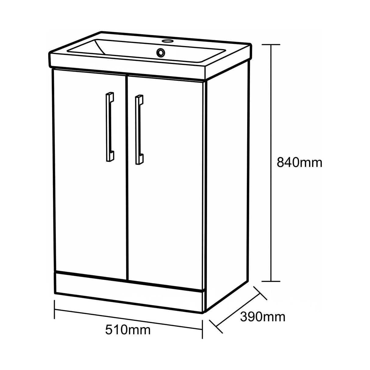 [BALARN2901AH716] Bramshall Floor Standing 2-Door Vanity & Mid-Edge Basin – Choice of Colour and Handle Finish - Technical Drawing