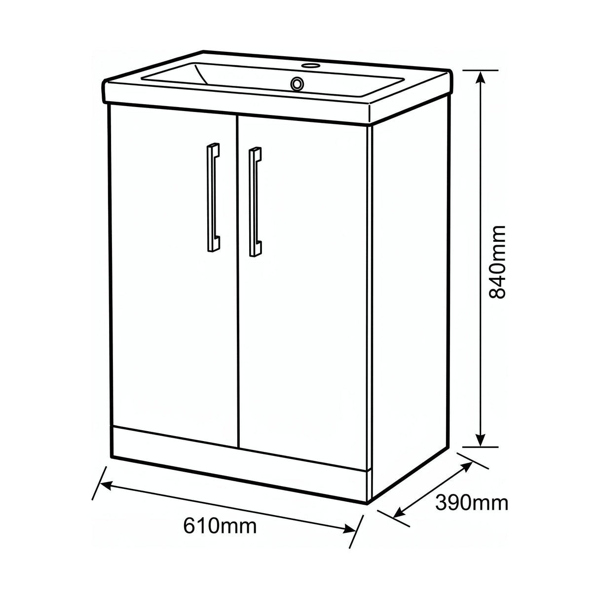 [BALARN2903AH716] Bramshall Floor Standing 2-Door Vanity & Mid-Edge Basin – Choice of Colour and Handle Finish - Technical Drawing