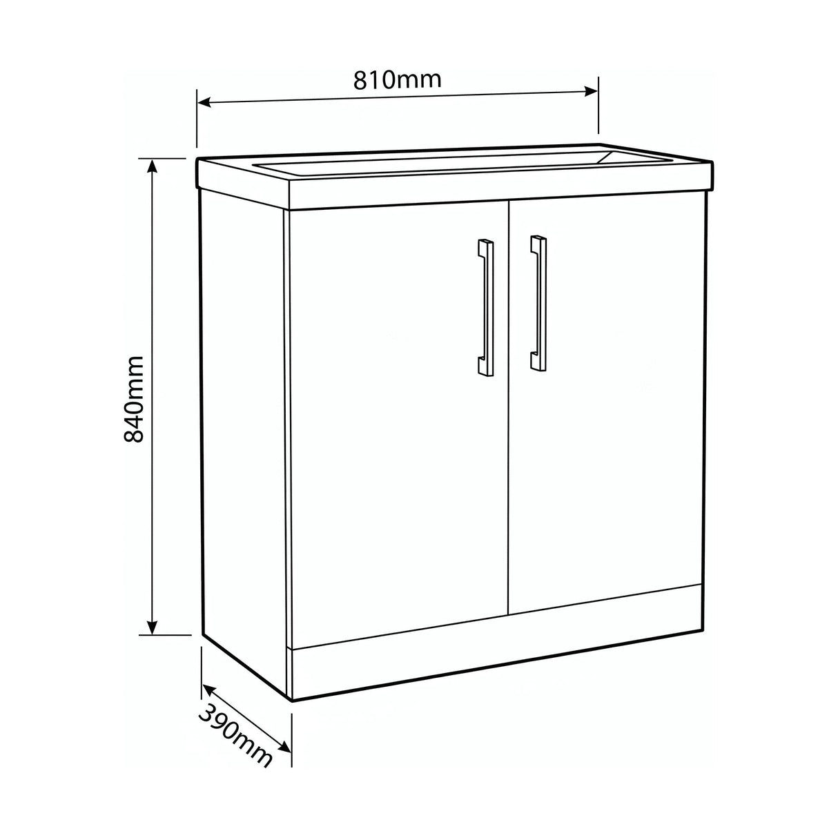 [BALARN2905AH017] Bramshall Floor Standing 2-Door Vanity & Mid-Edge Basin – Choice of Colour and Handle Finish - Technical Drawing