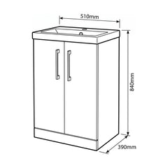 [BALARN3001AH017] Bramshall Floor Standing 2-Door Vanity & Mid-Edge Basin – Choice of Colour and Handle Finish - Technical Drawing