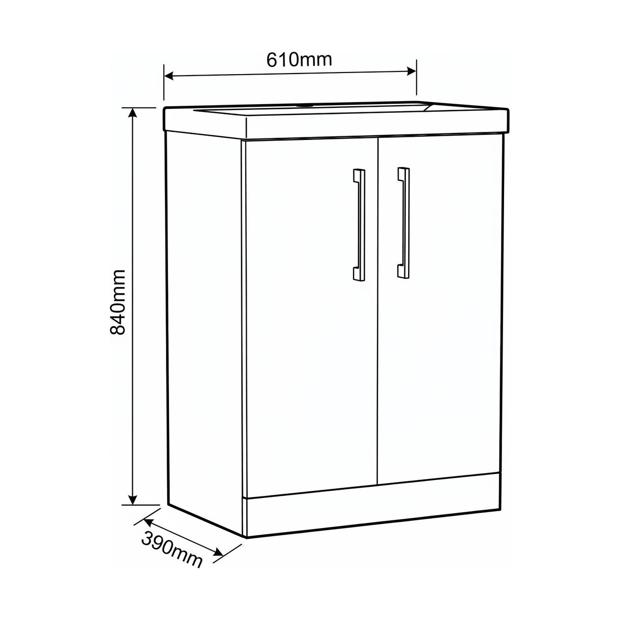 [BALARN3003AH017] Bramshall Floor Standing 2-Door Vanity & Mid-Edge Basin – Choice of Colour and Handle Finish - Technical Drawing