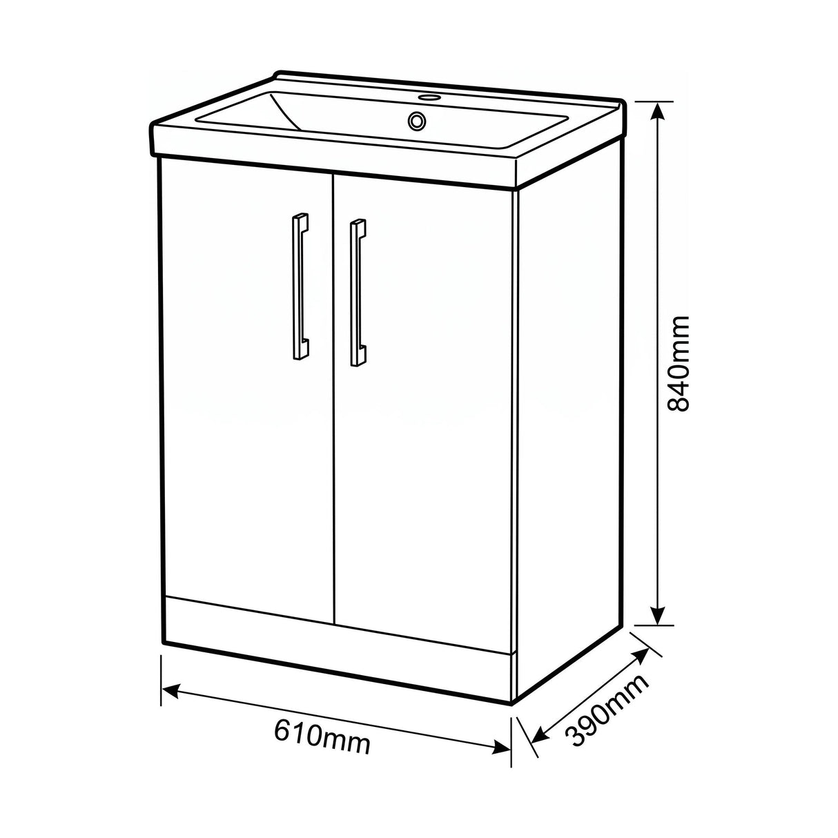 [BALARN3003AH019] Bramshall Floor Standing 2-Door Vanity & Mid-Edge Basin – Choice of Colour and Handle Finish - Technical Drawing