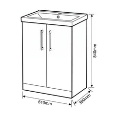[BALARN3003AH019] Bramshall Floor Standing 2-Door Vanity & Mid-Edge Basin – Choice of Colour and Handle Finish - Technical Drawing