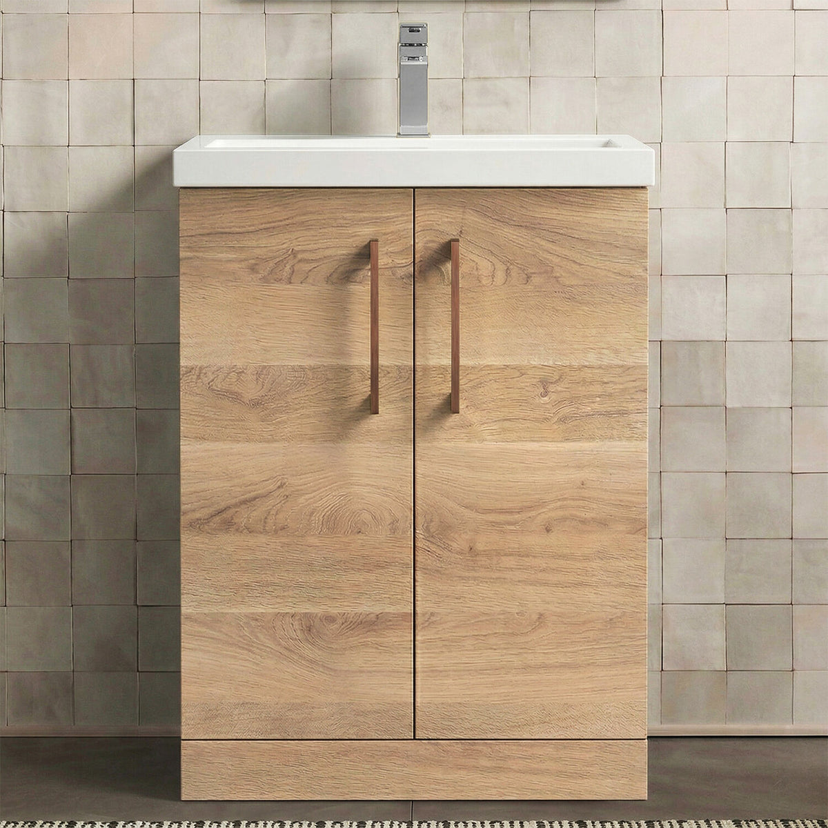 [BALARN3003AH019] Bramshall Floor Standing 2 Door Vanity Basin Unit with Mid-Edge Basin, 600mm, Choice of Colour and Handle Finish - Studio Shot
