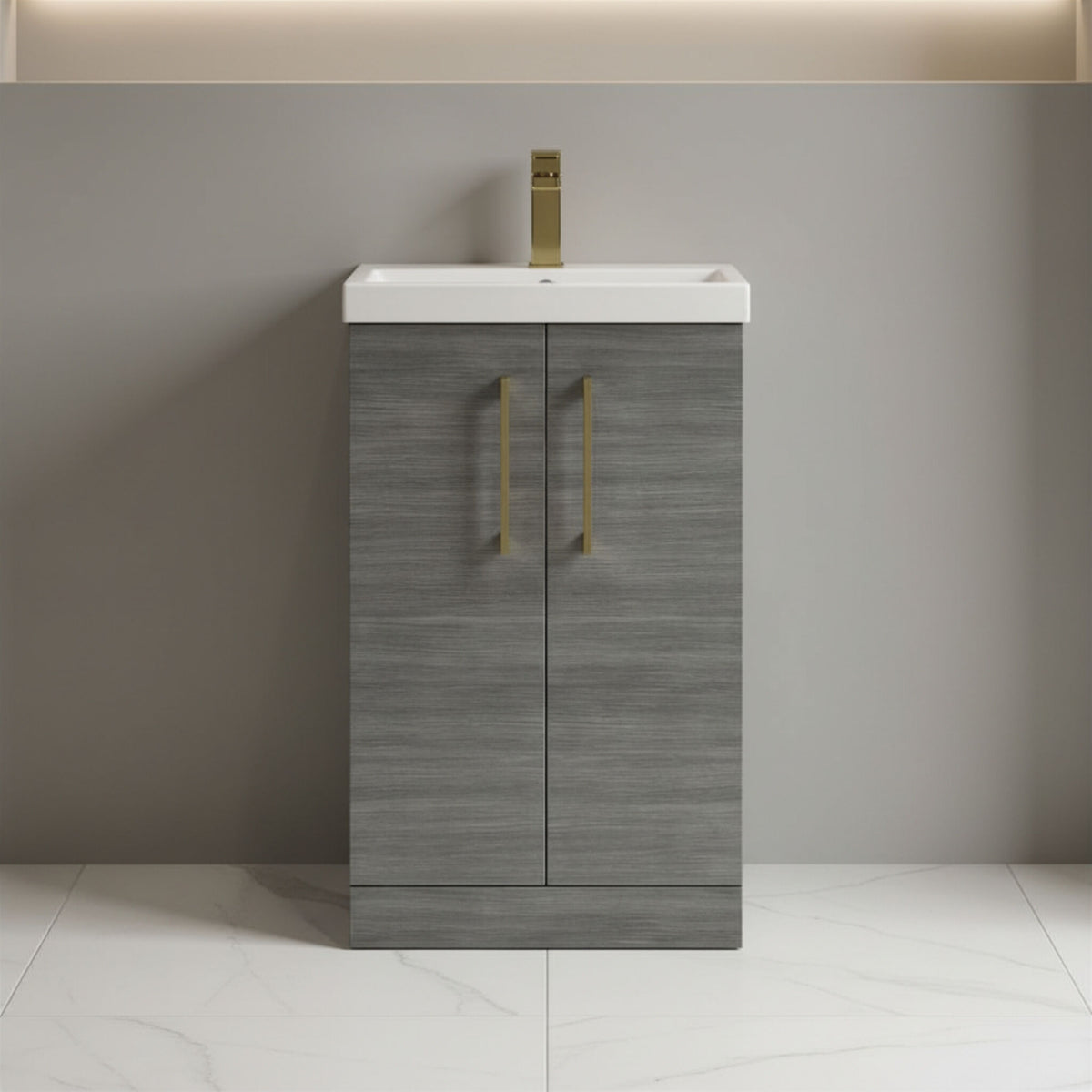 [BALARN501AH017] Bramshall Floor Standing 2 Door Vanity Basin Unit with Mid-Edge Basin, 500mm, Choice of Colour and Handle Finish - Studio Shot
