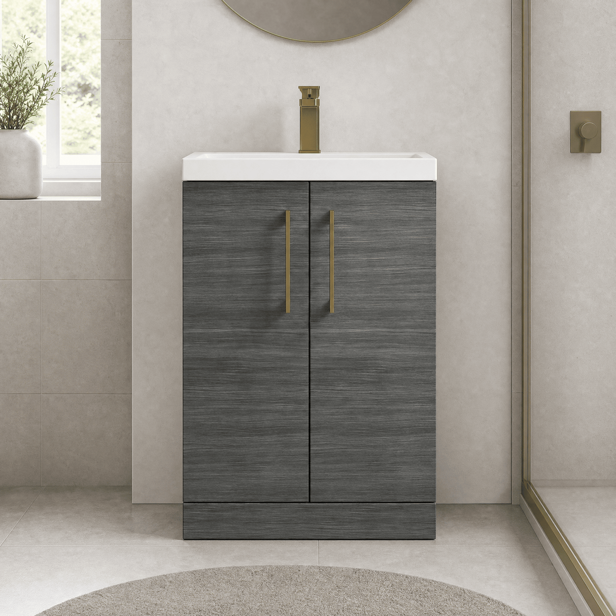 [BALARN503AH017] Balterley Level Contemporary Bathroom Floor Standing 2-Door Vanity Unit & Mid-Edge Basin, Anthracite Woodgrain, 600mm - Lifestyle 1