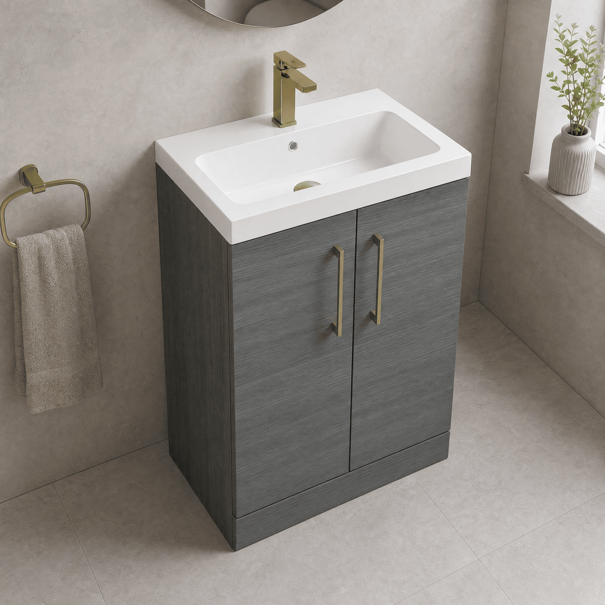 [BALARN503AH017] Balterley Level Contemporary Bathroom Floor Standing 2-Door Vanity Unit & Mid-Edge Basin, Anthracite Woodgrain, 600mm - Lifestyle 2