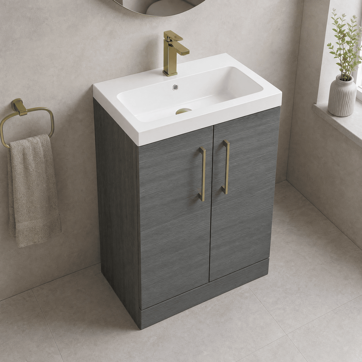 [BALARN503AH017] Bramshall Floor Standing 2 Door Vanity Basin Unit with Mid-Edge Basin, 600mm, Choice of Colour and Handle Finish - Lifestyle 2