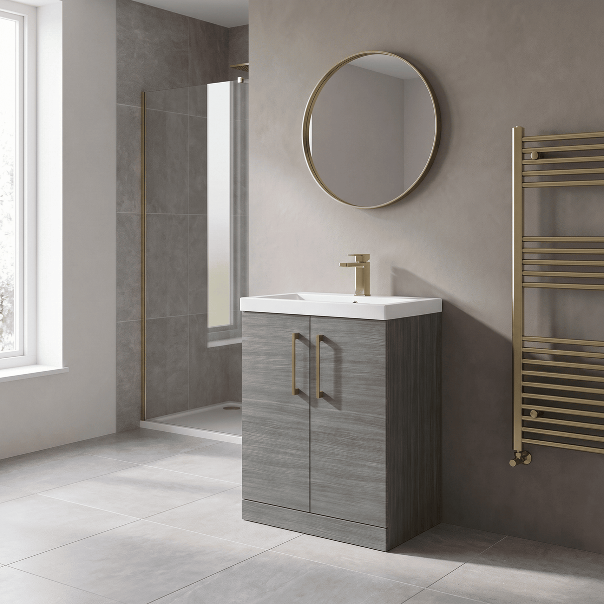 [BALARN503AH017] Balterley Level Contemporary Bathroom Floor Standing 2-Door Vanity Unit & Mid-Edge Basin, Anthracite Woodgrain, 600mm - Lifestyle 3