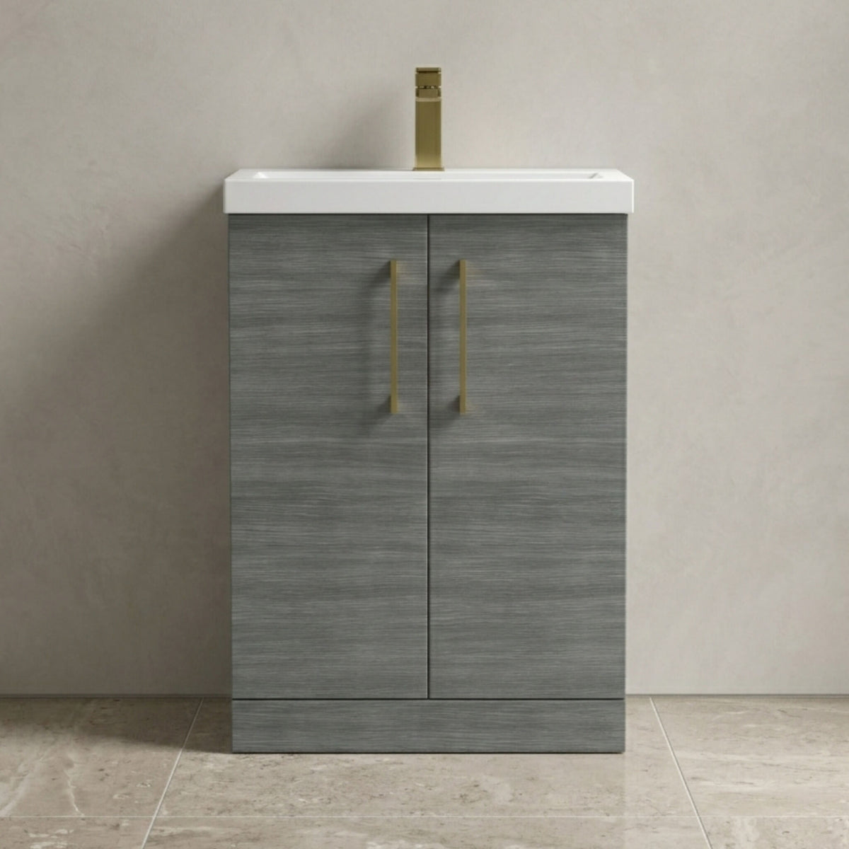 [BALARN503AH017] Bramshall Floor Standing 2 Door Vanity Basin Unit with Mid-Edge Basin, 600mm, Choice of Colour and Handle Finish - Studio Shot