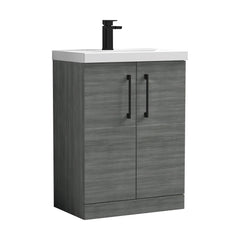 [BALARN503AH018] Balterley Level Contemporary Bathroom Floor Standing 2-Door Vanity Unit & Mid-Edge Basin, Anthracite Woodgrain, 600mm - Cutout