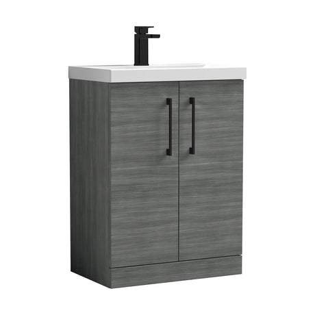 [BALARN503AH018] Balterley Level Contemporary Bathroom Floor Standing 2-Door Vanity Unit & Mid-Edge Basin, Anthracite Woodgrain, 600mm - Cutout