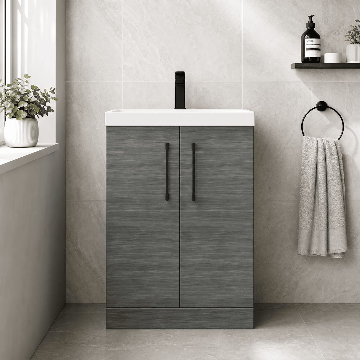 [BALARN503AH018] Balterley Level Contemporary Bathroom Floor Standing 2-Door Vanity Unit & Mid-Edge Basin, Anthracite Woodgrain, 600mm - Lifestyle 1