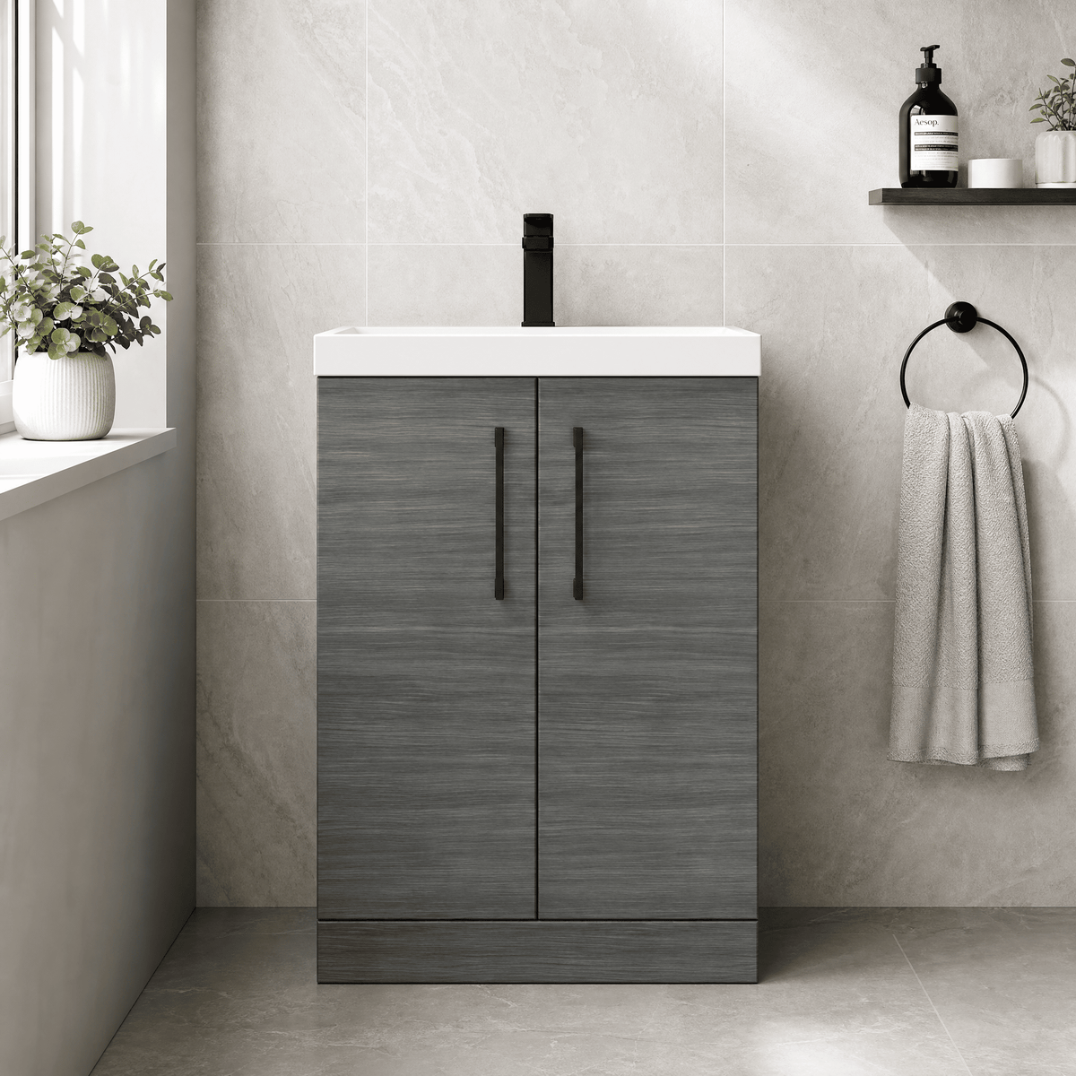 [BALARN503AH018] Bramshall Floor Standing 2 Door Vanity Basin Unit with Mid-Edge Basin, 600mm, Choice of Colour and Handle Finish - Lifestyle 1