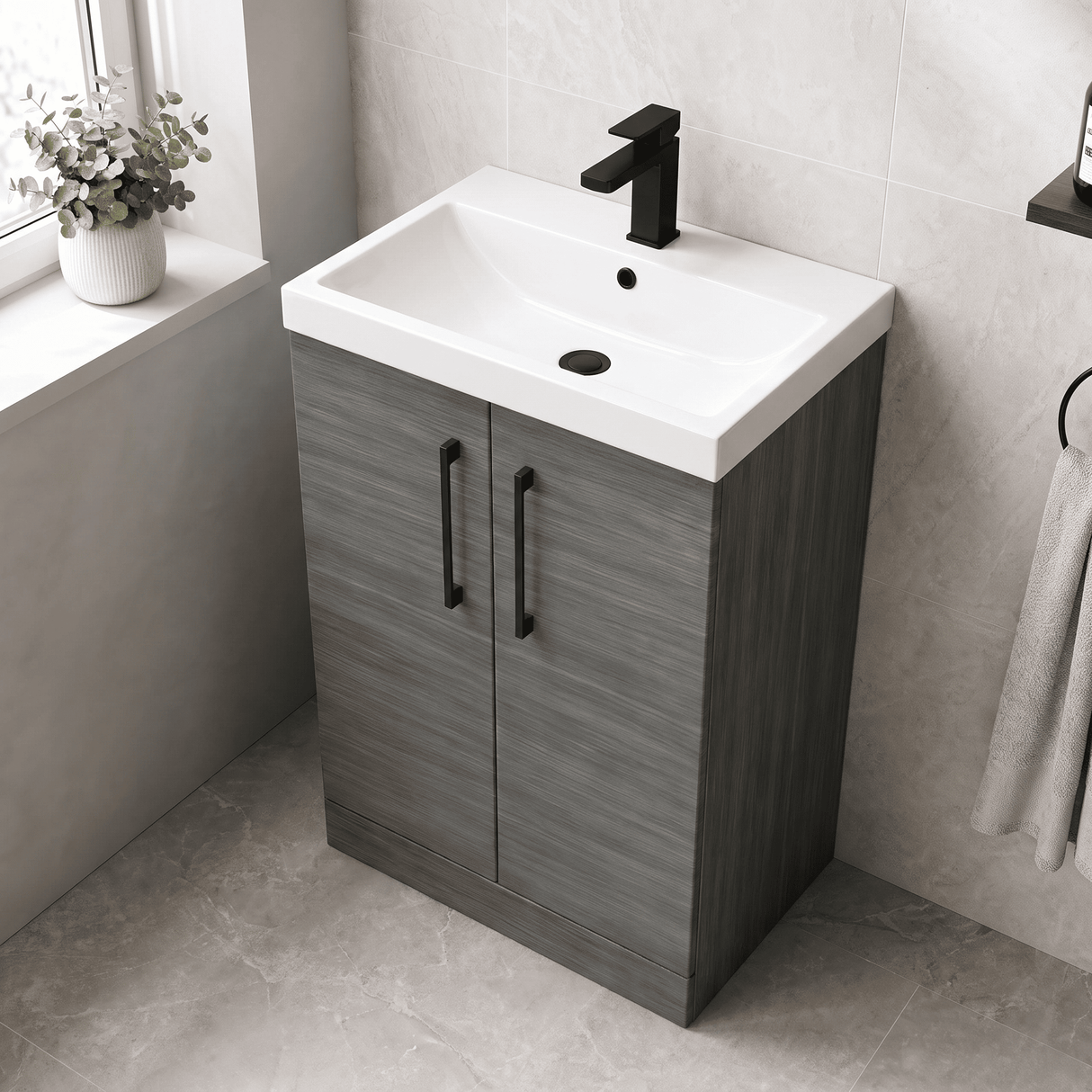[BALARN503AH018] Balterley Level Contemporary Bathroom Floor Standing 2-Door Vanity Unit & Mid-Edge Basin, Anthracite Woodgrain, 600mm - Lifestyle 2