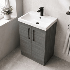 [BALARN503AH018] Balterley Level Contemporary Bathroom Floor Standing 2-Door Vanity Unit & Mid-Edge Basin, Anthracite Woodgrain, 600mm - Lifestyle 2