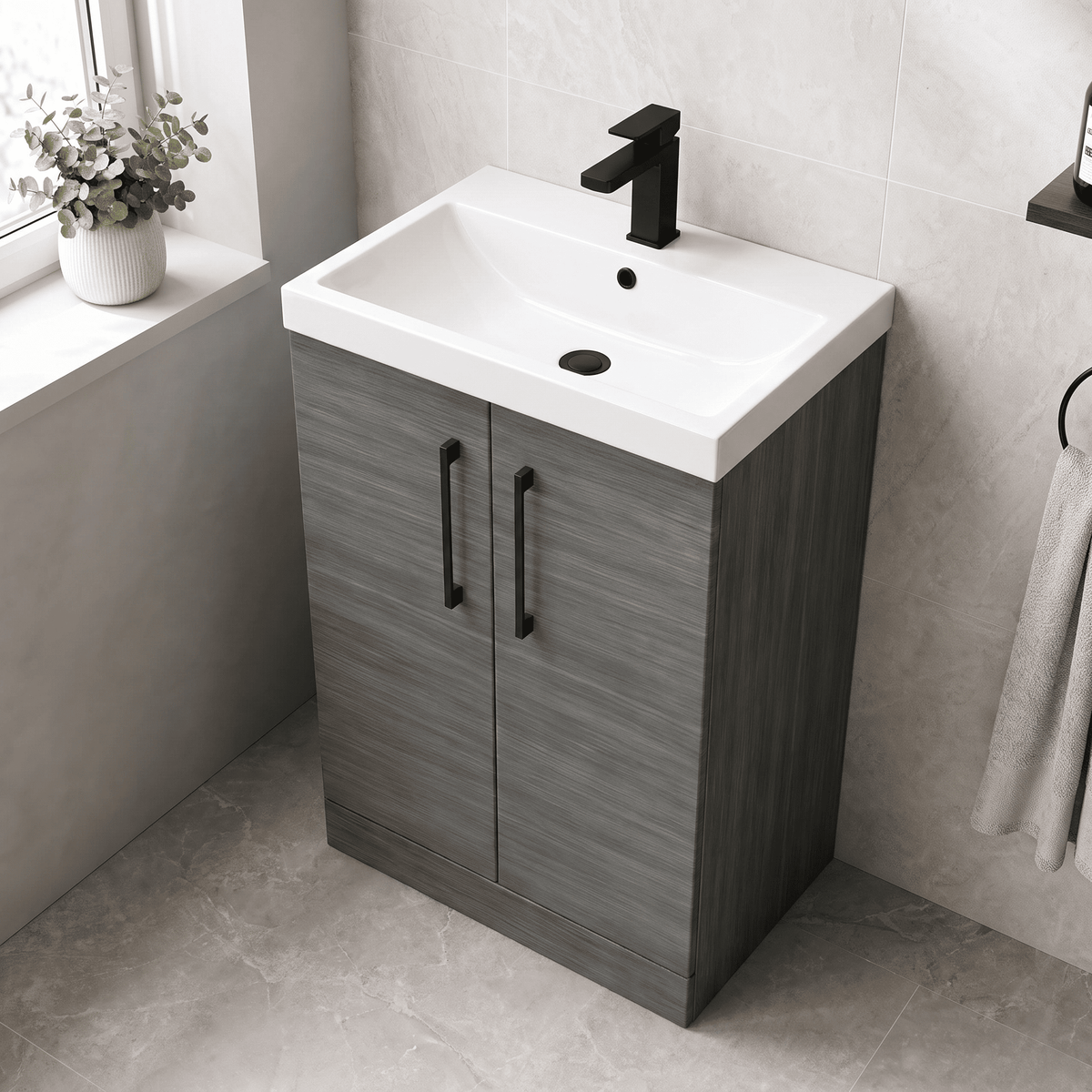 [BALARN503AH018] Bramshall Floor Standing 2 Door Vanity Basin Unit with Mid-Edge Basin, 600mm, Choice of Colour and Handle Finish - Lifestyle 2