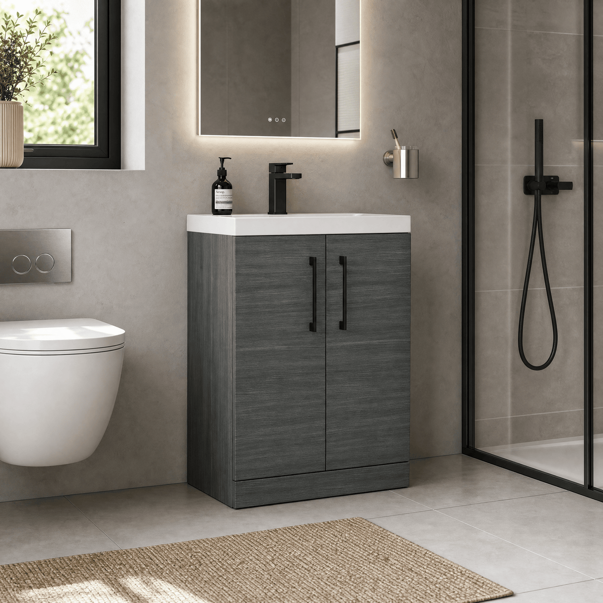 [BALARN503AH018] Balterley Level Contemporary Bathroom Floor Standing 2-Door Vanity Unit & Mid-Edge Basin, Anthracite Woodgrain, 600mm - Lifestyle 3