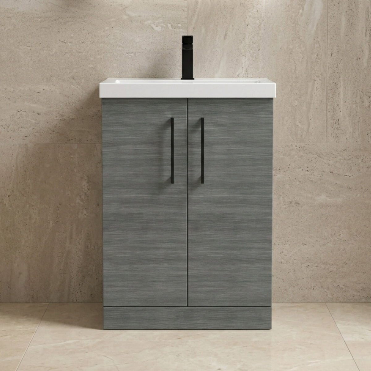 [BALARN503AH018] Bramshall Floor Standing 2 Door Vanity Basin Unit with Mid-Edge Basin, 600mm, Choice of Colour and Handle Finish - Studio Shot