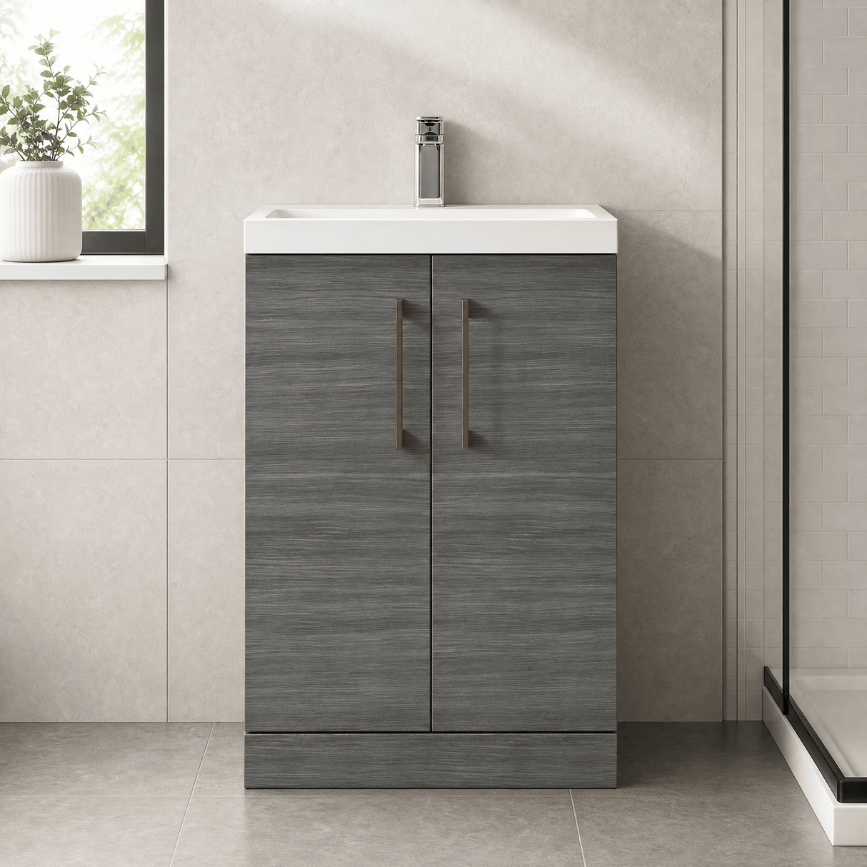 [BALARN503AH019] Balterley Level Contemporary Bathroom Floor Standing 2-Door Vanity Unit & Mid-Edge Basin, Anthracite Woodgrain, 600mm - Lifestyle 1