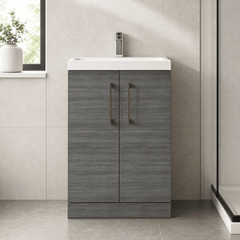 [BALARN503AH019] Balterley Level Contemporary Bathroom Floor Standing 2-Door Vanity Unit & Mid-Edge Basin, Anthracite Woodgrain, 600mm - Lifestyle 1