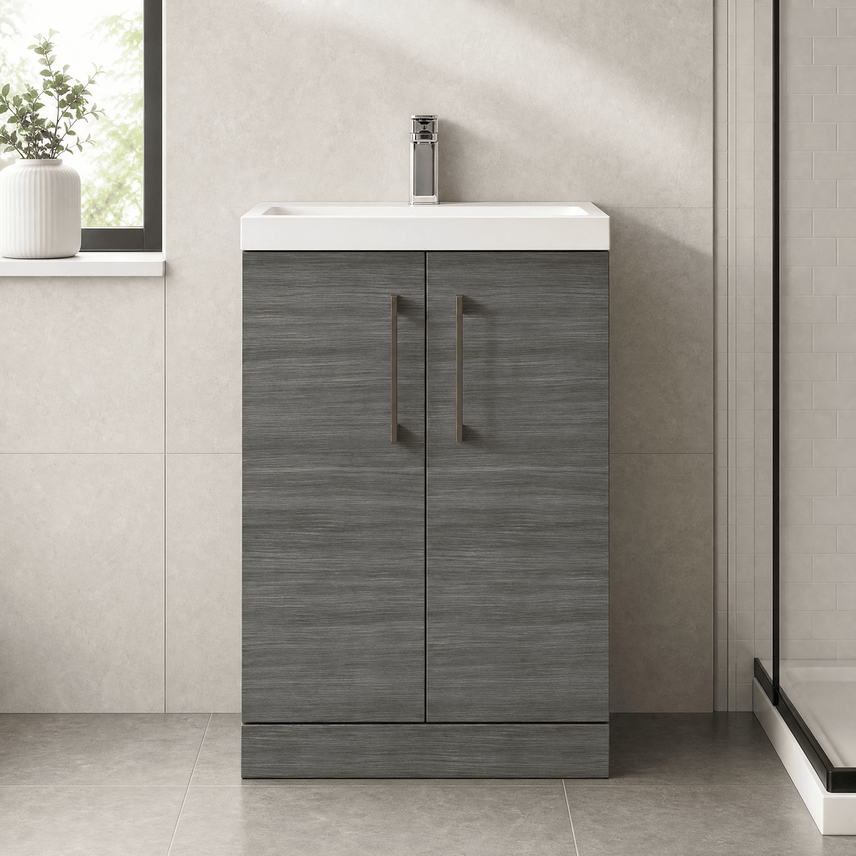 [BALARN503AH019] Bramshall Floor Standing 2 Door Vanity Basin Unit with Mid-Edge Basin, 600mm, Choice of Colour and Handle Finish - Lifestyle 1