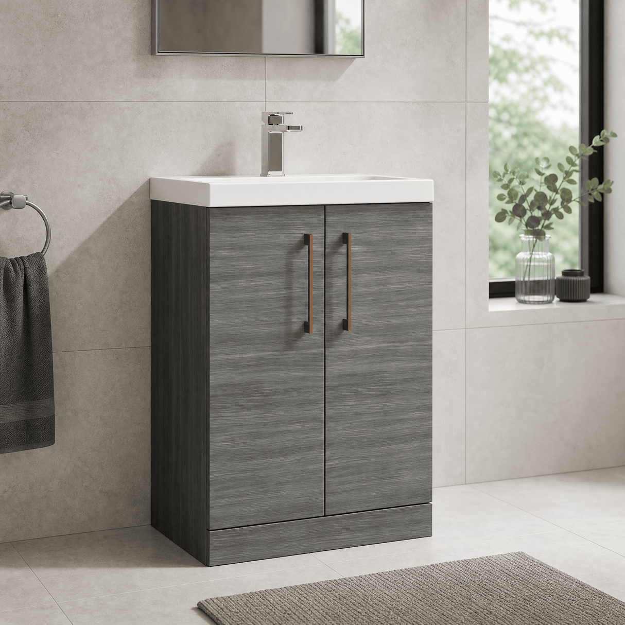 [BALARN503AH019] Balterley Level Contemporary Bathroom Floor Standing 2-Door Vanity Unit & Mid-Edge Basin, Anthracite Woodgrain, 600mm - Lifestyle 3