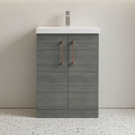 [BALARN503AH019] Balterley Level Contemporary Bathroom Floor Standing 2-Door Vanity Unit & Mid-Edge Basin, Anthracite Woodgrain, 600mm - Silo