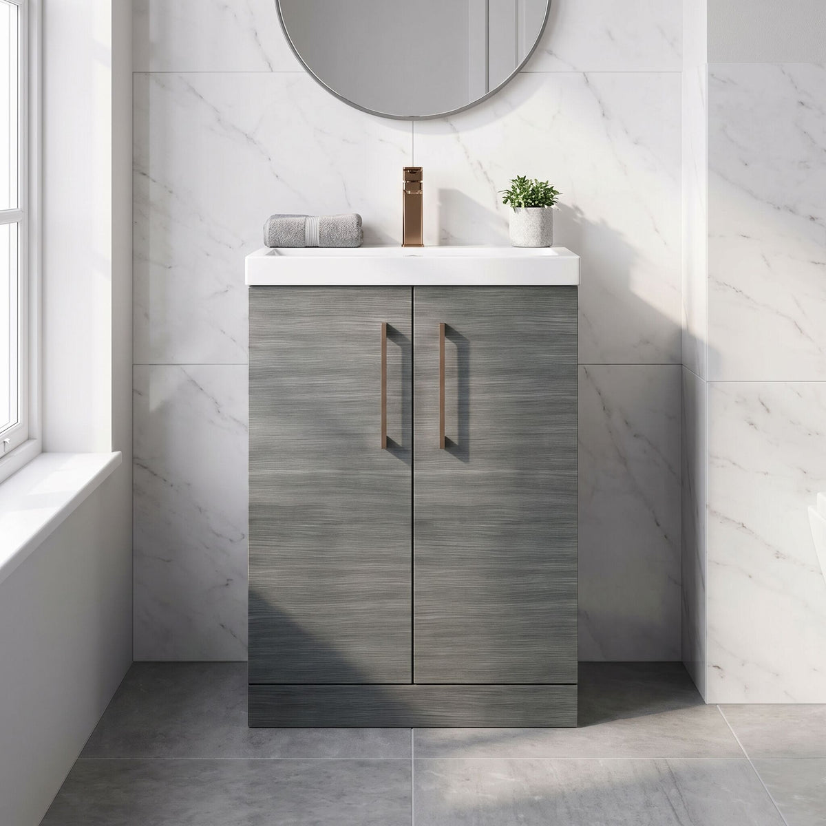 [BALARN503AH1516] Bramshall Floor Standing 2 Door Vanity Basin Unit with Mid-Edge Basin, 600mm, Choice of Colour and Handle Finish - Lifestyle 1