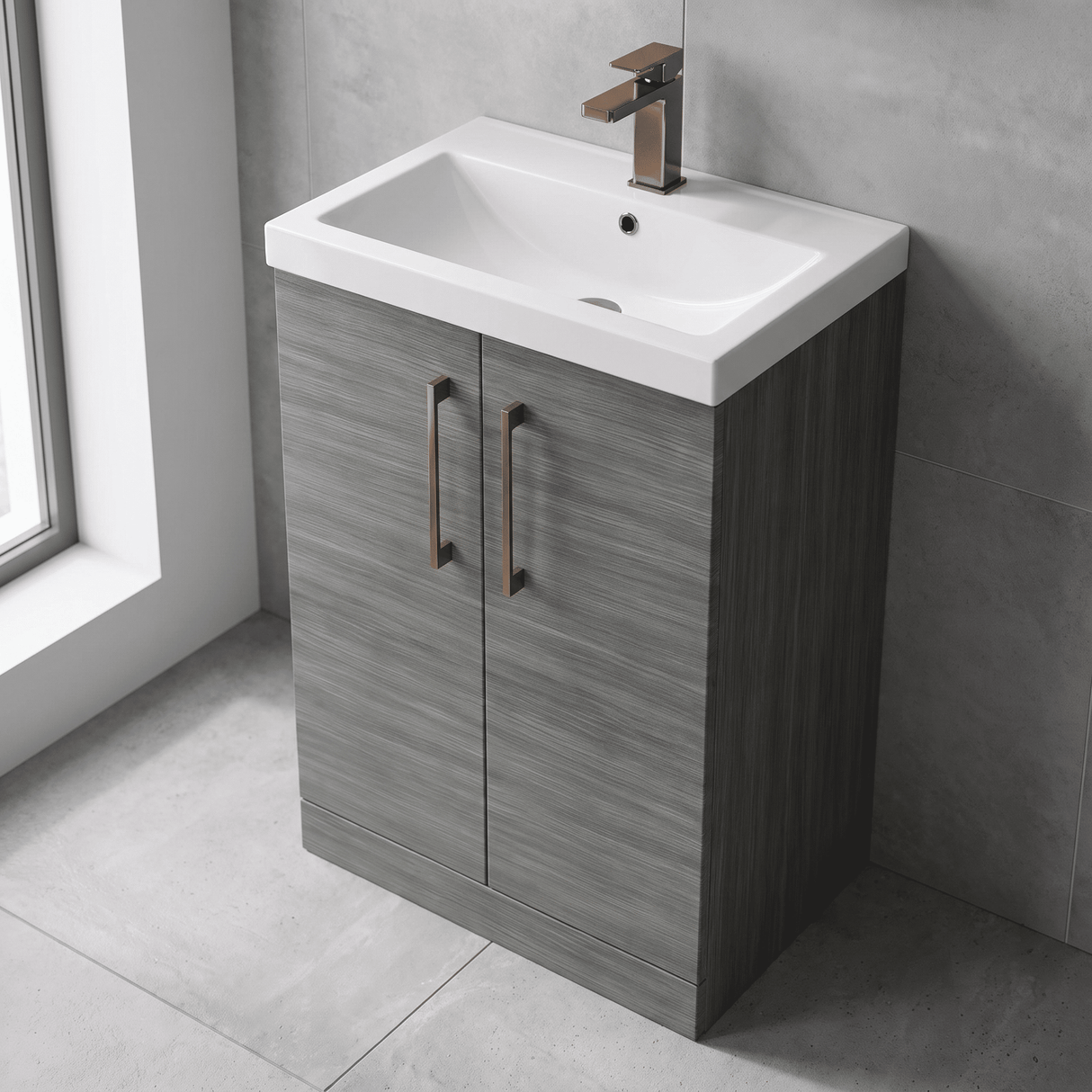 [BALARN503AH1516] Balterley Level Contemporary Bathroom Floor Standing 2-Door Vanity Unit & Mid-Edge Basin, Anthracite Woodgrain, 600mm - Lifestyle 2