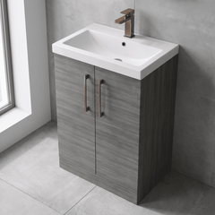[BALARN503AH1516] Balterley Level Contemporary Bathroom Floor Standing 2-Door Vanity Unit & Mid-Edge Basin, Anthracite Woodgrain, 600mm - Lifestyle 2