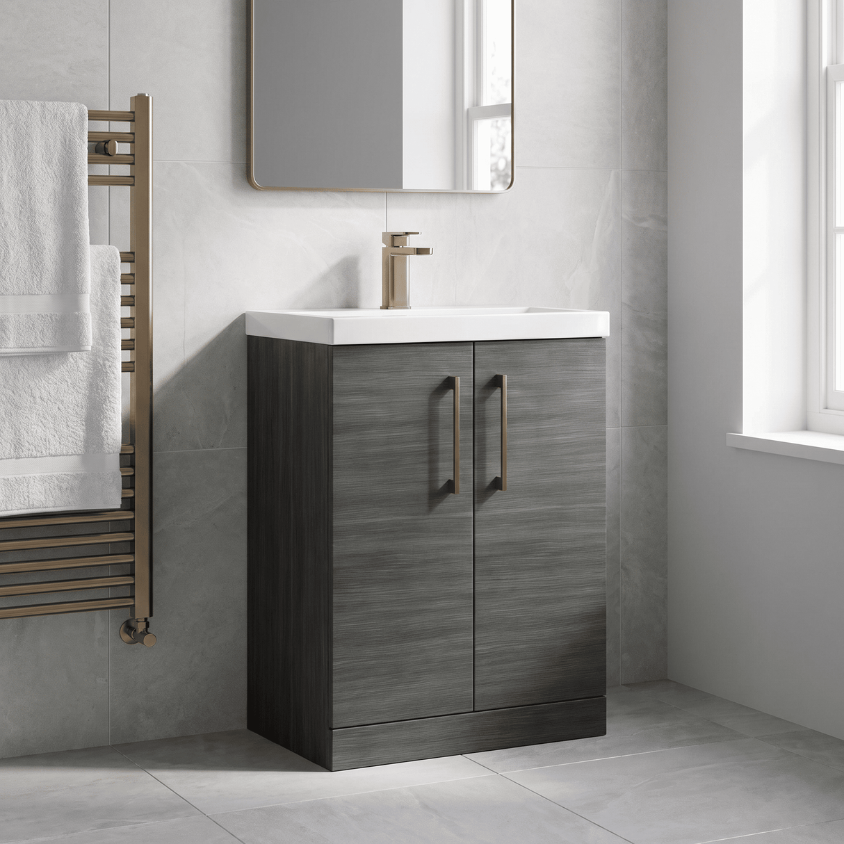 [BALARN503AH1516] Balterley Level Contemporary Bathroom Floor Standing 2-Door Vanity Unit & Mid-Edge Basin, Anthracite Woodgrain, 600mm - Lifestyle 3