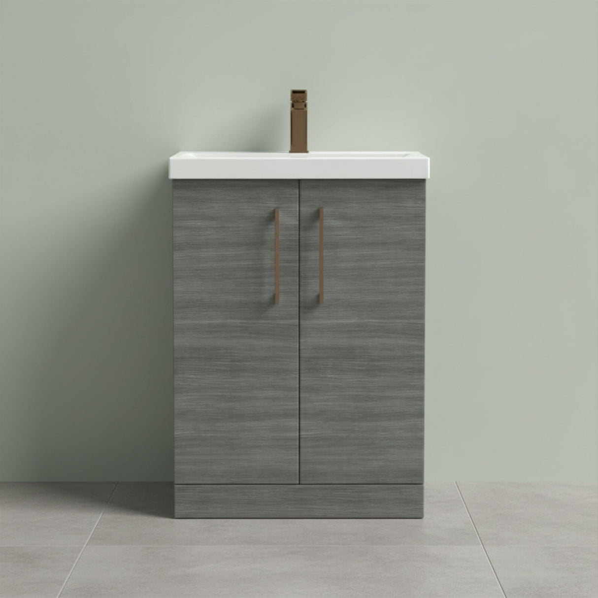 [BALARN503AH1516] Balterley Level Contemporary Bathroom Floor Standing 2-Door Vanity Unit & Mid-Edge Basin, Anthracite Woodgrain, 600mm - Silo