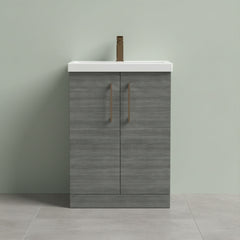 [BALARN503AH1516] Balterley Level Contemporary Bathroom Floor Standing 2-Door Vanity Unit & Mid-Edge Basin, Anthracite Woodgrain, 600mm - Silo