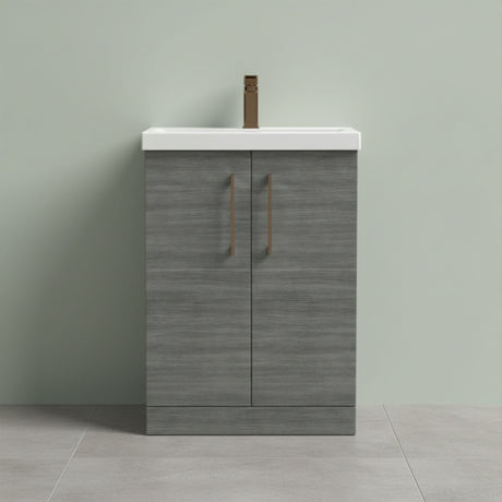 [BALARN503AH1516] Balterley Level Contemporary Bathroom Floor Standing 2-Door Vanity Unit & Mid-Edge Basin, Anthracite Woodgrain, 600mm - Silo