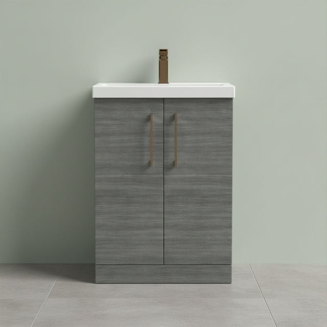 [BALARN503AH1516] Balterley Level Contemporary Bathroom Floor Standing 2-Door Vanity Unit & Mid-Edge Basin, Anthracite Woodgrain, 600mm - Silo
