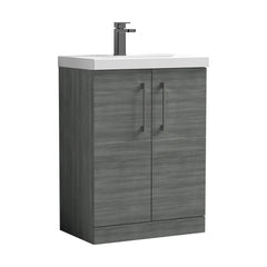 [BALARN503AH716] Balterley Level Contemporary Bathroom Floor Standing 2-Door Vanity Unit & Mid-Edge Basin, Anthracite Woodgrain, 600mm - Cutout