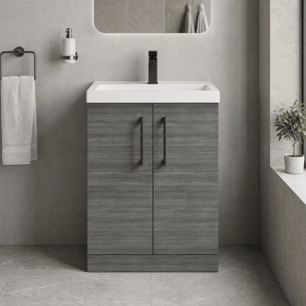 [BALARN503AH716] Balterley Level Contemporary Bathroom Floor Standing 2-Door Vanity Unit & Mid-Edge Basin, Anthracite Woodgrain, 600mm - Lifestyle 1
