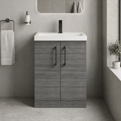 [BALARN503AH716] Balterley Level Contemporary Bathroom Floor Standing 2-Door Vanity Unit & Mid-Edge Basin, Anthracite Woodgrain, 600mm - Lifestyle 1