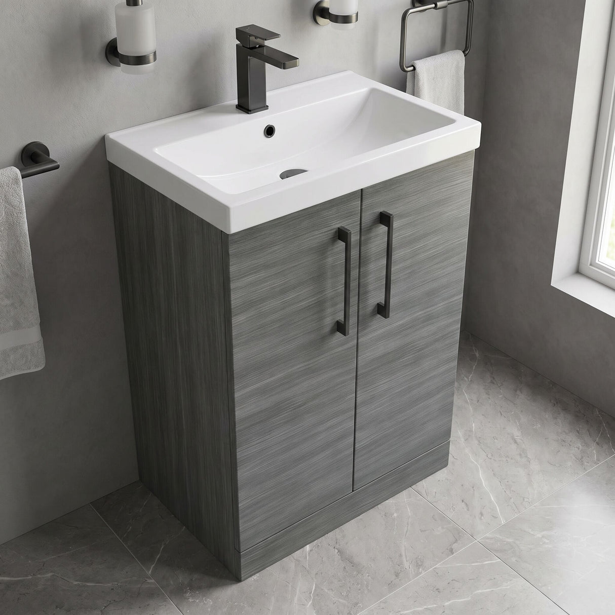[BALARN503AH716] Balterley Level Contemporary Bathroom Floor Standing 2-Door Vanity Unit & Mid-Edge Basin, Anthracite Woodgrain, 600mm - Lifestyle 2