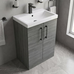 [BALARN503AH716] Balterley Level Contemporary Bathroom Floor Standing 2-Door Vanity Unit & Mid-Edge Basin, Anthracite Woodgrain, 600mm - Lifestyle 2