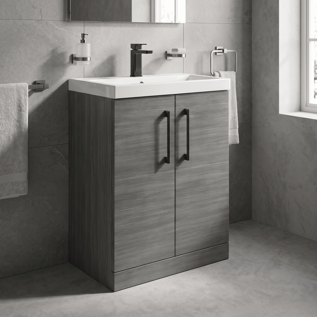 [BALARN503AH716] Balterley Level Contemporary Bathroom Floor Standing 2-Door Vanity Unit & Mid-Edge Basin, Anthracite Woodgrain, 600mm - Lifestyle 3