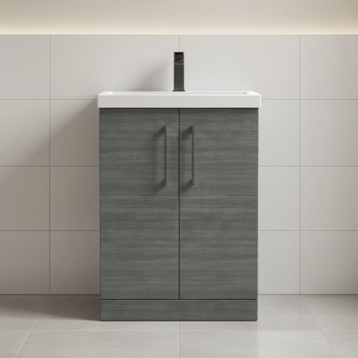[BALARN503AH716] Balterley Level Contemporary Bathroom Floor Standing 2-Door Vanity Unit & Mid-Edge Basin, Anthracite Woodgrain, 600mm - Silo