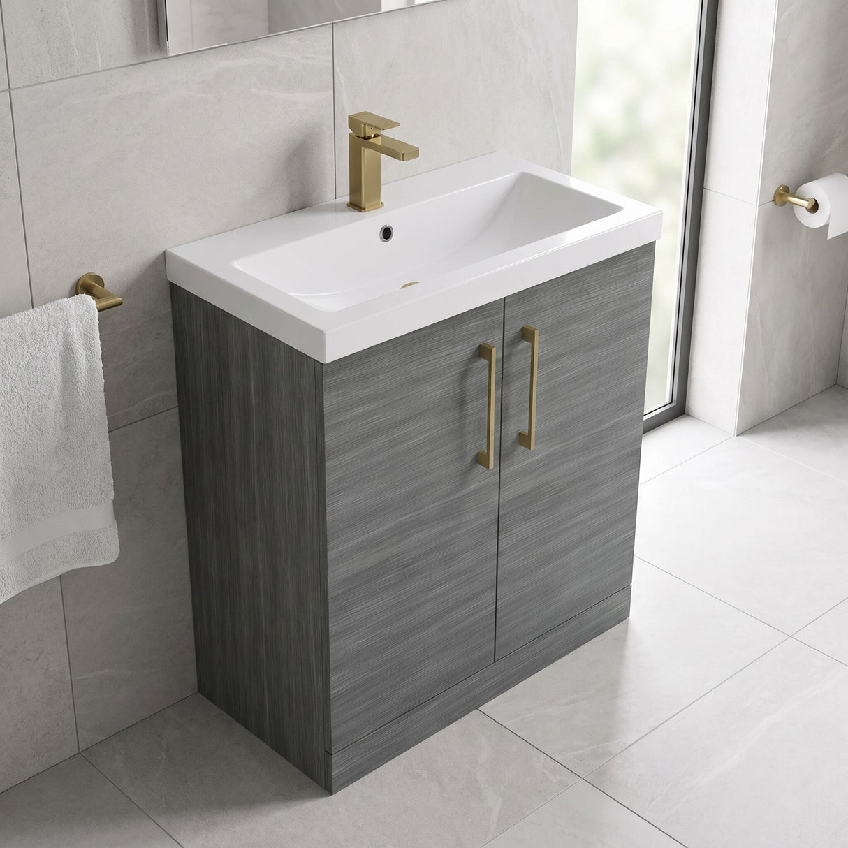 [BALARN505AH017] Balterley Level Contemporary Bathroom Floor Standing 2-Door Vanity Unit & Mid-Edge Basin, Anthracite Woodgrain, 800mm - Lifestyle 2
