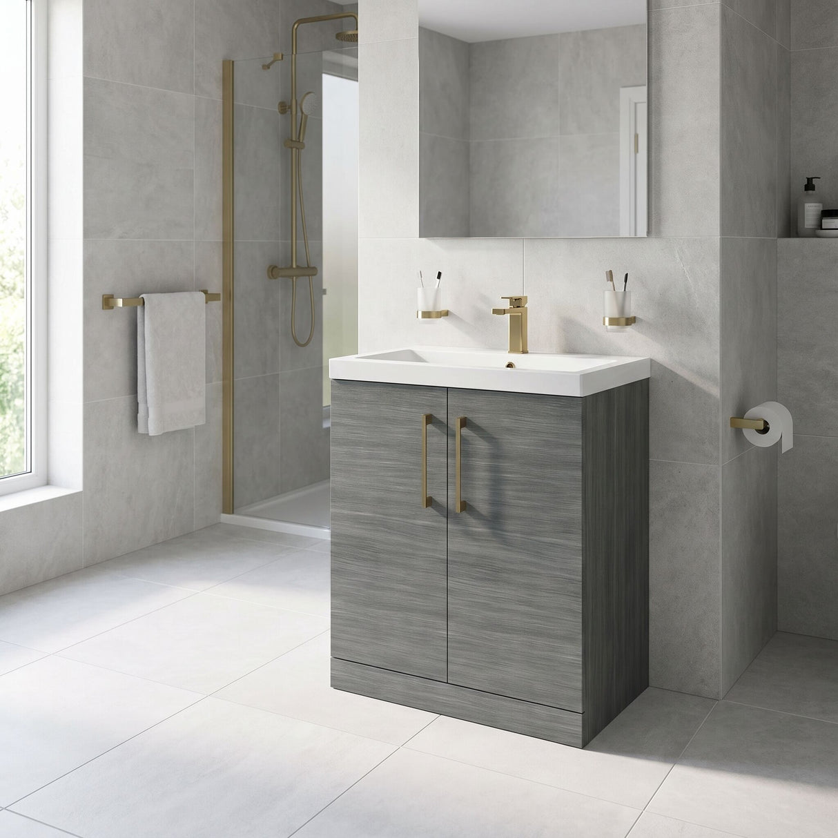 [BALARN505AH017] Balterley Level Contemporary Bathroom Floor Standing 2-Door Vanity Unit & Mid-Edge Basin, Anthracite Woodgrain, 800mm - Lifestyle 3