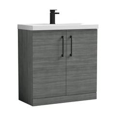 [BALARN505AH018] Balterley Level Contemporary Bathroom Floor Standing 2-Door Vanity Unit & Mid-Edge Basin, Anthracite Woodgrain, 800mm - Cutout