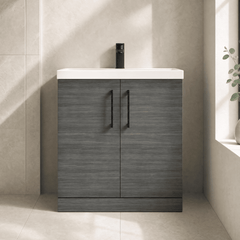 [BALARN505AH018] Balterley Level Contemporary Bathroom Floor Standing 2-Door Vanity Unit & Mid-Edge Basin, Anthracite Woodgrain, 800mm - Lifestyle 1