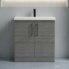 [BALARN505AH018] Balterley Level Contemporary Bathroom Floor Standing 2-Door Vanity Unit & Mid-Edge Basin, Anthracite Woodgrain, 800mm - Silo